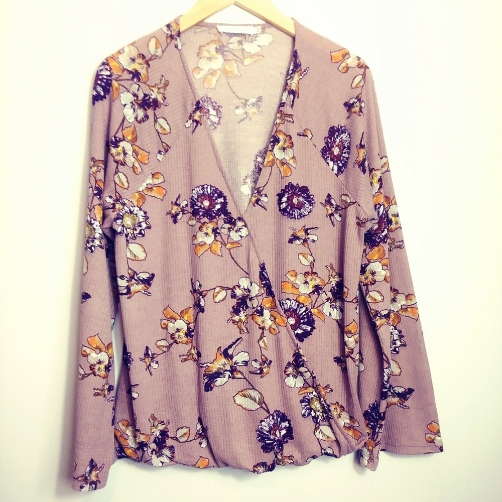 NORDSTROM ALL IN FAVOR Floral Dusty Rose Faux Wrap Top Size Large